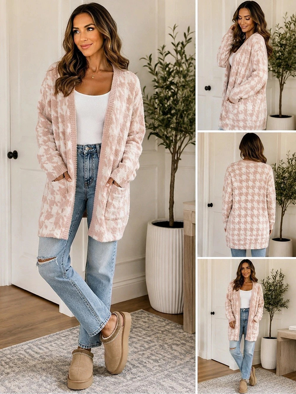 Sincerely Jules Houndstooth Cardigan Pink & White Size Small NWOT